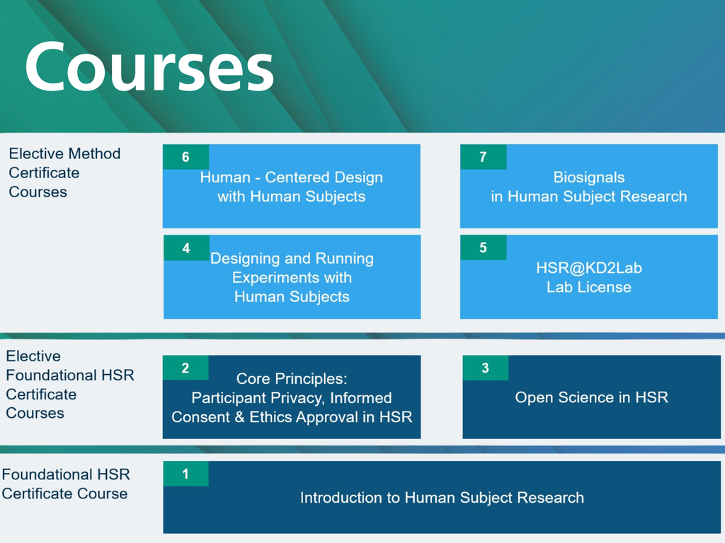 Infographic showing HSR courses: foundational, elective HSR, and elective method courses with blue cards listing course titles.